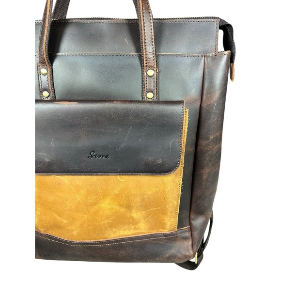 S-Zone Genuine Leather Backpack Tote Bag Brown Yellow Laptop Satchel Travel Work - Picture 3 of 16